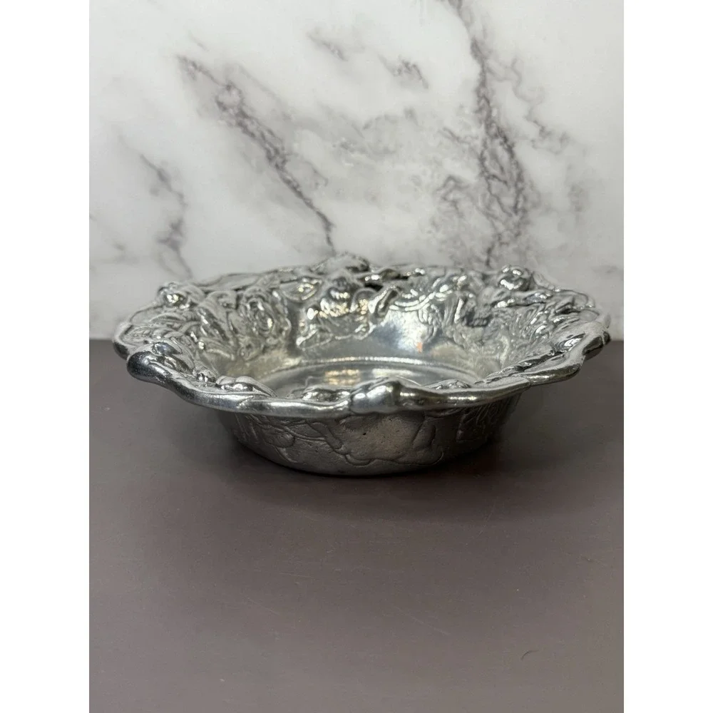 1995 Arthur Court Aluminum Bunny Rabbit and Rose Flower Bowl